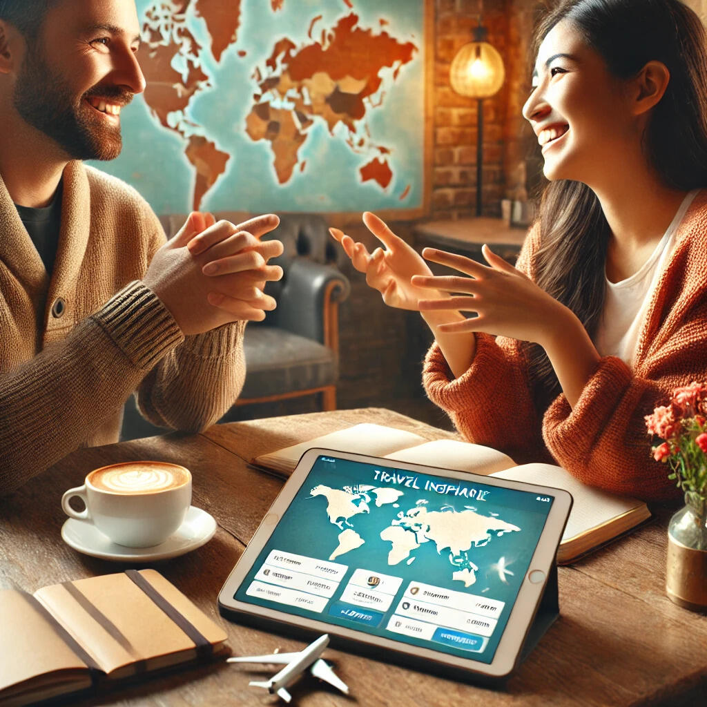 Two people sitting at a café table, chatting enthusiastically about booking a holiday